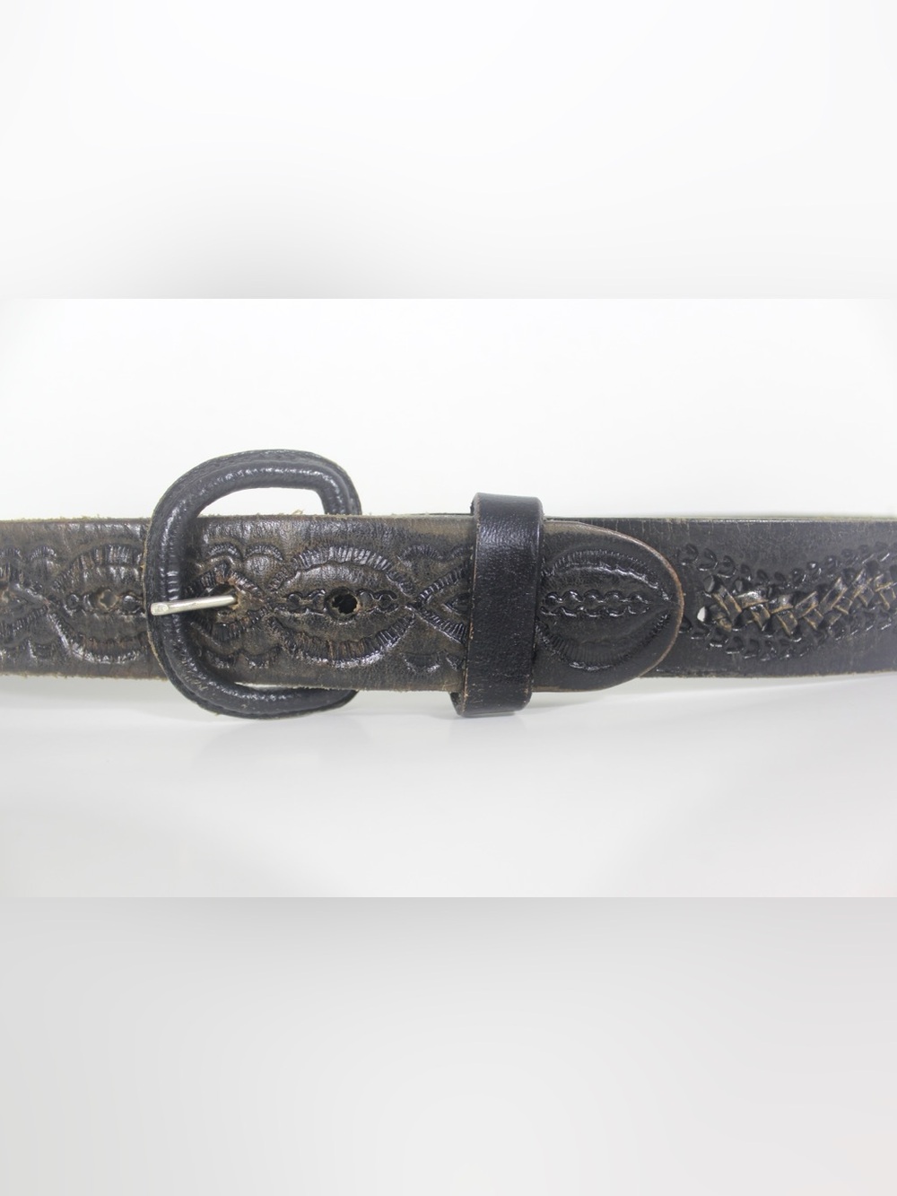Distressed Black Tooled Leather Belt with Braided Centre and a Removable Buckle